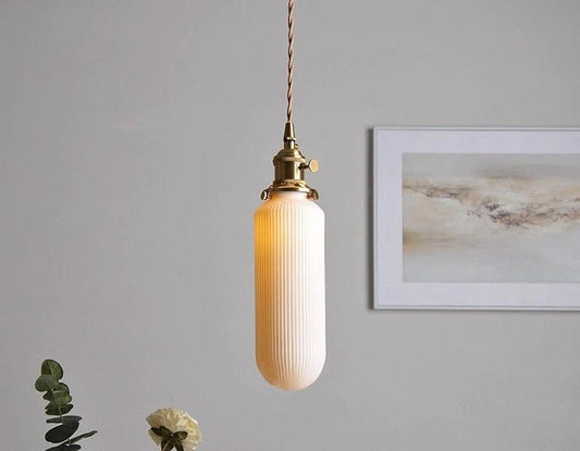 Ceramic Ribbed Pendant LED Light in Japanese Tube Shape