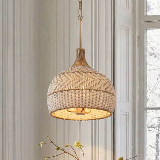 Thea Two-Tone Finish 3-Light Rattan Dome Rustic Pendant Light