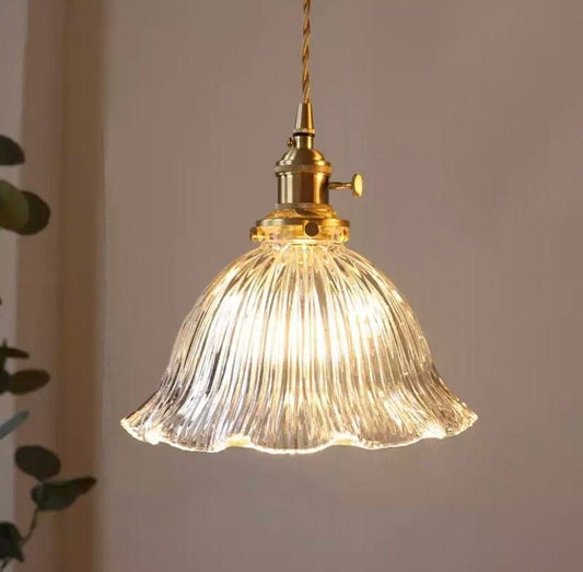 Classic Fluted Glass Flower Pendant LED Light in French Vintage Style