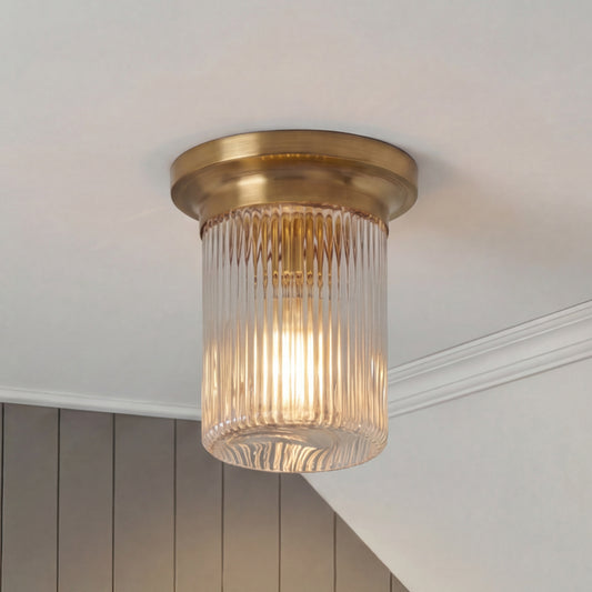 Galen Mid-Century Modern Round Ribbed Glass Ceiling Light