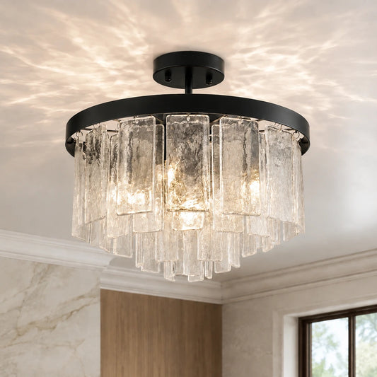 Alina Mid-Century Tiered Hammered Glass 5-Light Semi-Flush Mount Ceiling Light