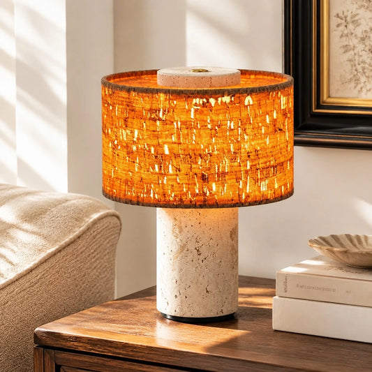 Amabel Wabi-Sabi Drum Travertine Fabric Table Lamp