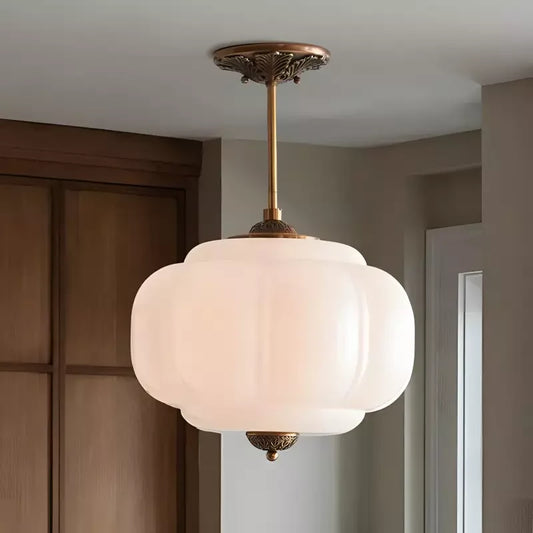 Lumi Antique Brass Green Glass Pumpkin Semi-Flush Mount Eloise Pendant