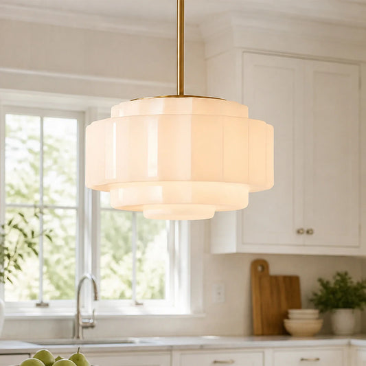 Antique Brass Tiered Opal White Glass Pendant Light