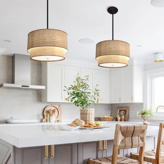 Beck Modern Fabric Natural Linen Double Drum Chandelier