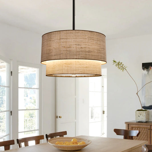 Beck Modern Fabric Natural Linen Double Drum Chandelier