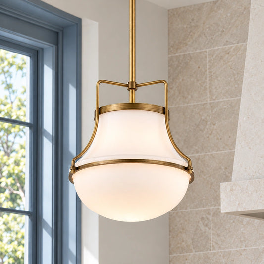 Bria 1-Light Schoolhouse Opal Glass Pendant Light, Natural Brass Dia 10.4 inch SKU hero
