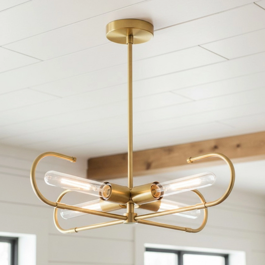 Saelis Art Deco Brass Curved Tube Chandelier
