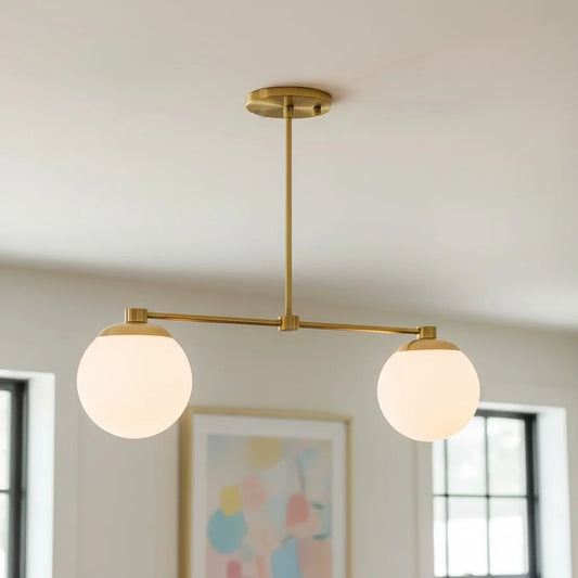 Fitzroy Minimalist Linear Dual Globe Brass Glass Chandelier