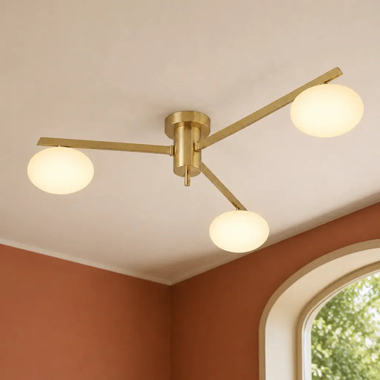 Clees mid-century white glass flush mount ceiling light, Brass 3Head, installed SKU view