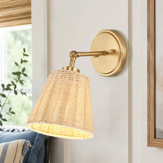 Cyra Rustic Rattan Cone Swing Arm Wall Sconce