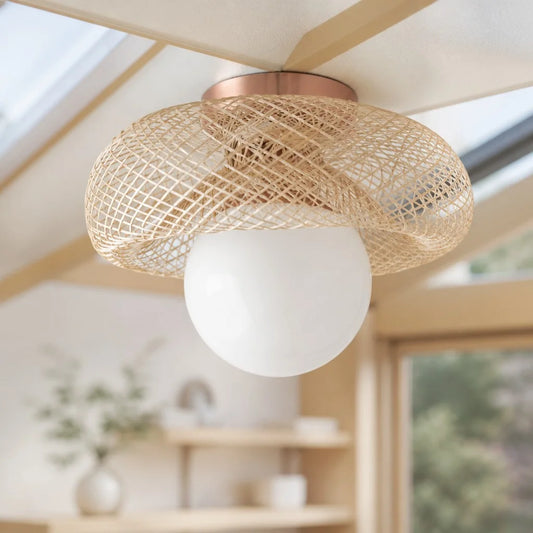 Eloeen Modern Swirl Woven Rattan Milk Glass Ceiling Light