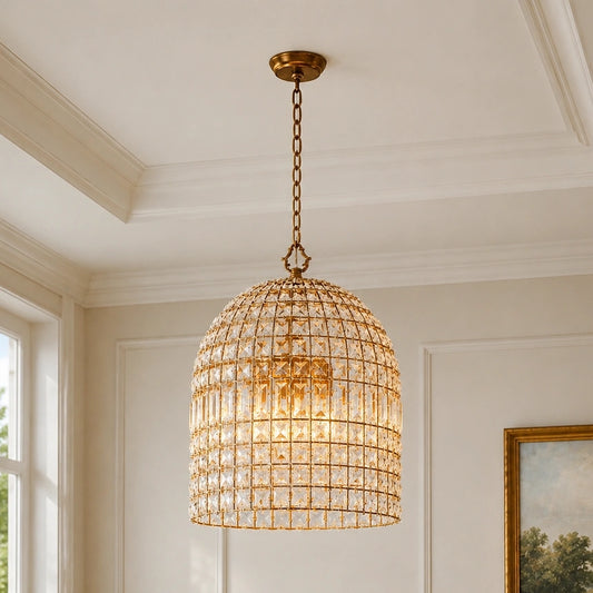 Voss French Antique Brass Crystal Birdcage Dome Chandelier