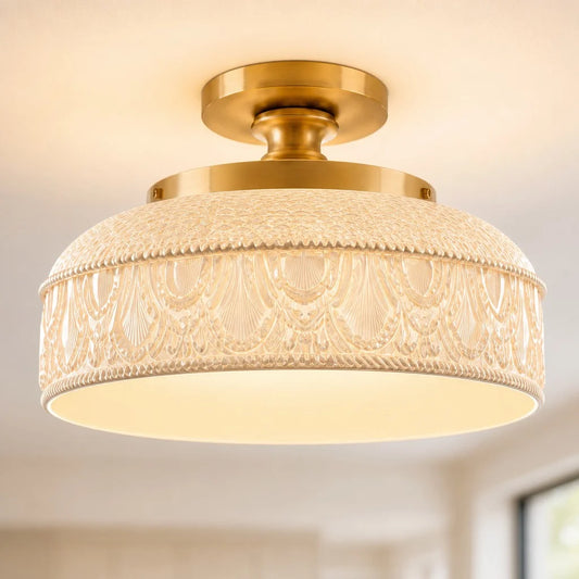 Estelle Mid-Century Green Pattern Textured Floral Glass Semi Flush Mount Ceiling Light