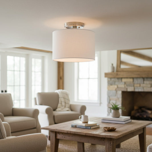 Fabric Drum Shade Semi Flush Mount Light