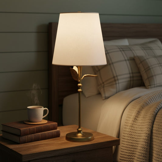 Farmhouse Antique Brass Botanical Forged Iron Linen Table Lamp