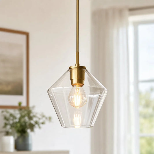 Fern Modern Geo-shaped Glass Shade Brass Pendant Light