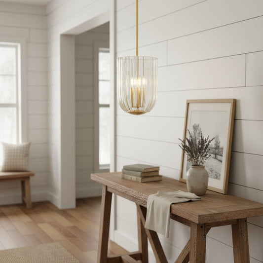 GlassLantern Pendant Light with Ribbed Glass in Champagne Aged Brass Finish