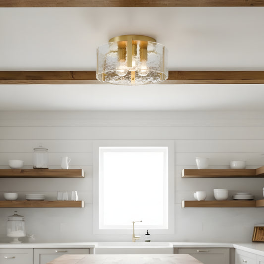 Golden Modern Drum Water Ripple Glass Brass Flush Mount Light