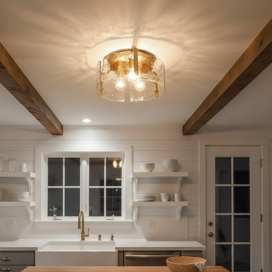 Golden Modern Drum Water Ripple Glass Brass Flush Mount Light