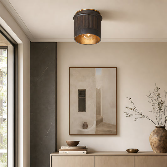 Hamish Vintage Rustic Black Metal Industrial Flush Mount Ceiling Light