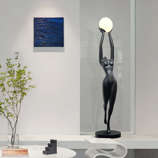 Hermes Modern Minimalist Resin Lady Sculpture Sphere Glass Shade Floor Light