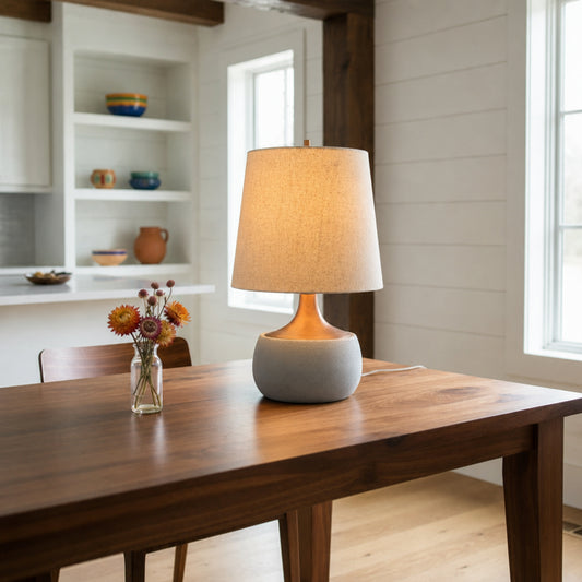 Jesslyn Mid-Century Natural Linen Solid Wood Concrete Table Lamp For Bedroom