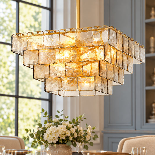Kythara Modern Stacked Ripple Glass Square Chandelier