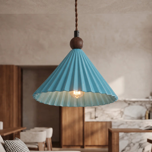 Lillian pleated ceramic pendant light - Blue - view 01