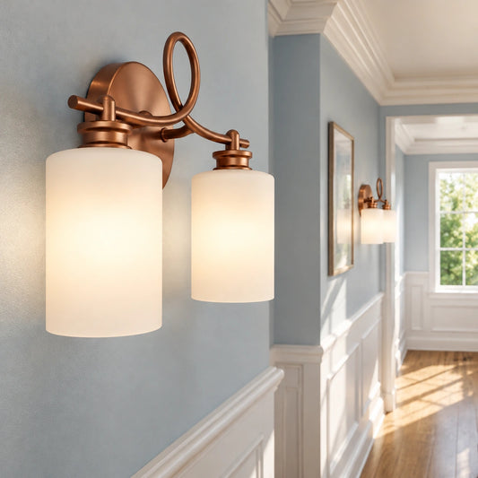 Lioran Industrial Looped Arm 2-Light Milk Glass Vanity Light - corrected copper finish - view 2