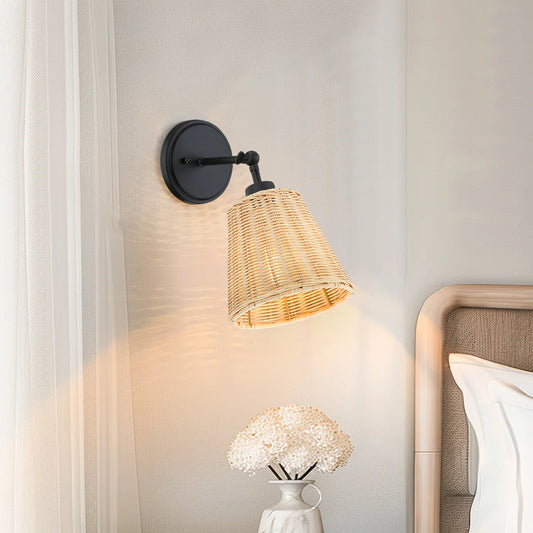 Lunaris Rustic Rattan Cone Swing Arm Wall Sconce