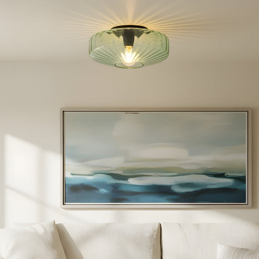 Mid-Century Modern Drum Shade Water Ripple Glass Ceiling Light