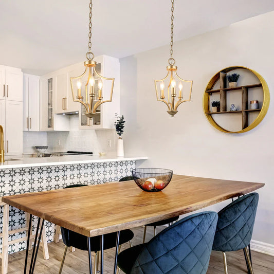 Mid-century Farmhouse Gold 3-Light Lantern Chandelier for Kitchen Island