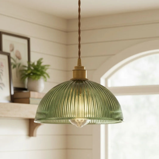 Modern Ribbed Glass Brass Pendant Light