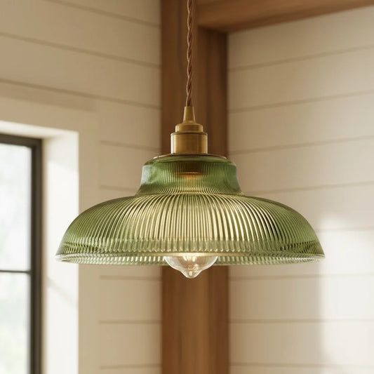 Modern Ribbed Glass Brass Pendant Light