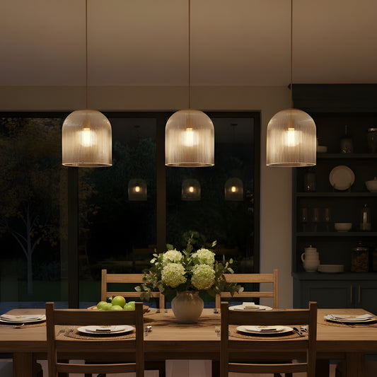 Modern Farmhouse Cooper Ribbed Glass Pendant Light for Dining Room