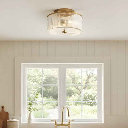 Modern Farmhouse Drum Shade Ribbed Glass Semi Flush Mount Ceiling Light for Kitchen
