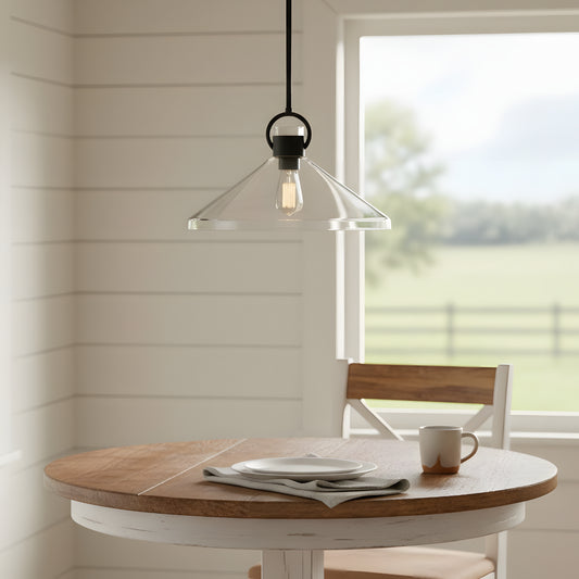 Modern Farmhouse Wide Cone Recycled Clear Glass Brass Pendant Light