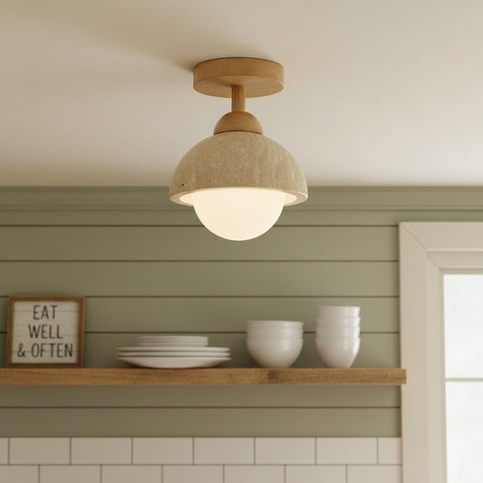 Modern Japanese Wabi-Sabi Travertine Stone Dome Ceiling Light
