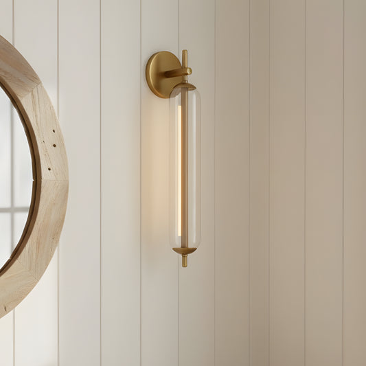 Modern Tube Clear Glass Brass Bathroom Vanity Wall Sconce