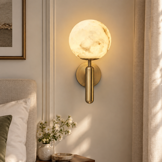 Nerina Luxury Alabaster Wall Sconce, close installed bedroom view