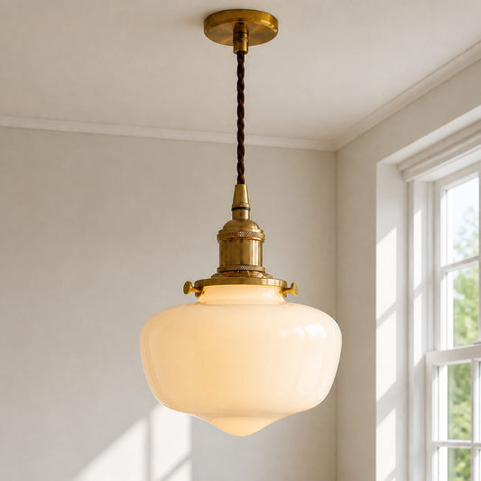 Nerissa Modern Schoolhouse Milk Glass Brass Lantern Pendant Light