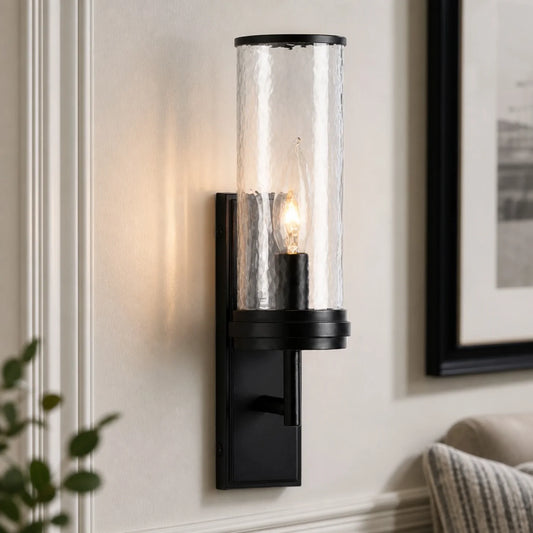 Noctis Farmhouse Cylinder Tube Hammered Glass Wall Sconce