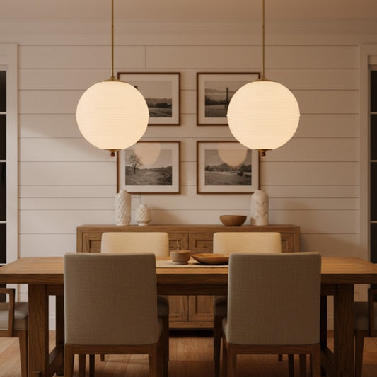 Retro White Globe Ribbed Glass Pendant Light