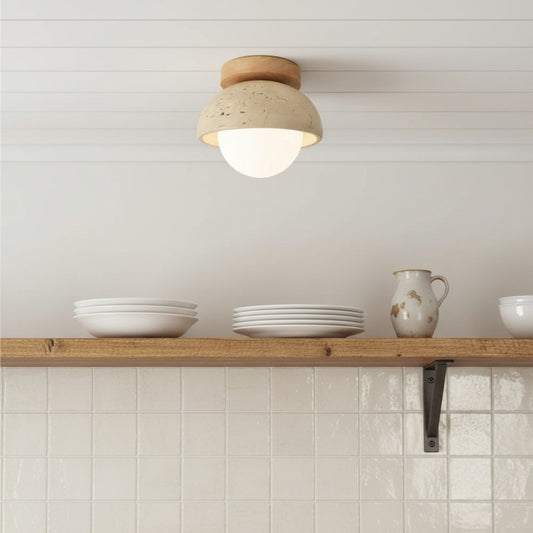 Retro Mid-Century Travertine Cream Round Flush Mount Ceiling Light