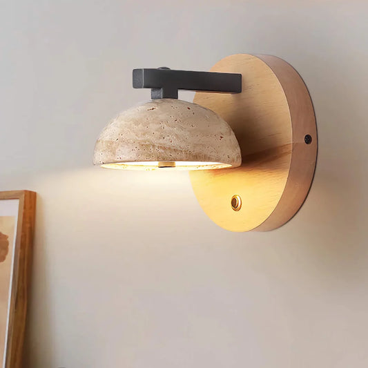 Riley Vintage Travertine Wood Round Wall Sconce