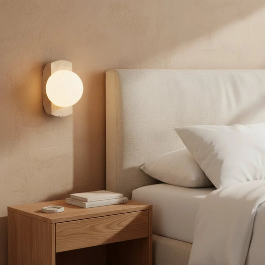 Robin Minimalist Travertine & Opaline Glass Globe Wall Sconce
