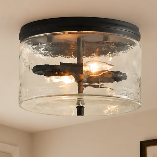 Ronan Modern Black Drum Shade Hammered Glass Flush Mount Ceiling Light
