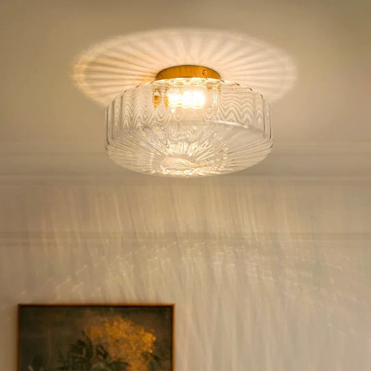 Rowena Modern Round Ribbed Glass Brass Ceiling Light