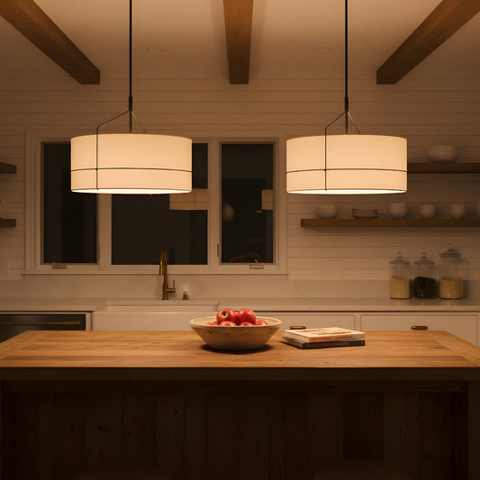 Silas Rustic White Fabric Drum Shade Pendant Light